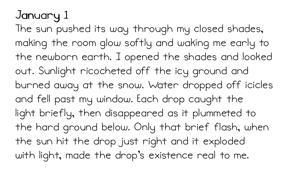 January 1 and the complete first paragraph of the story, rendered by the manuscript engine