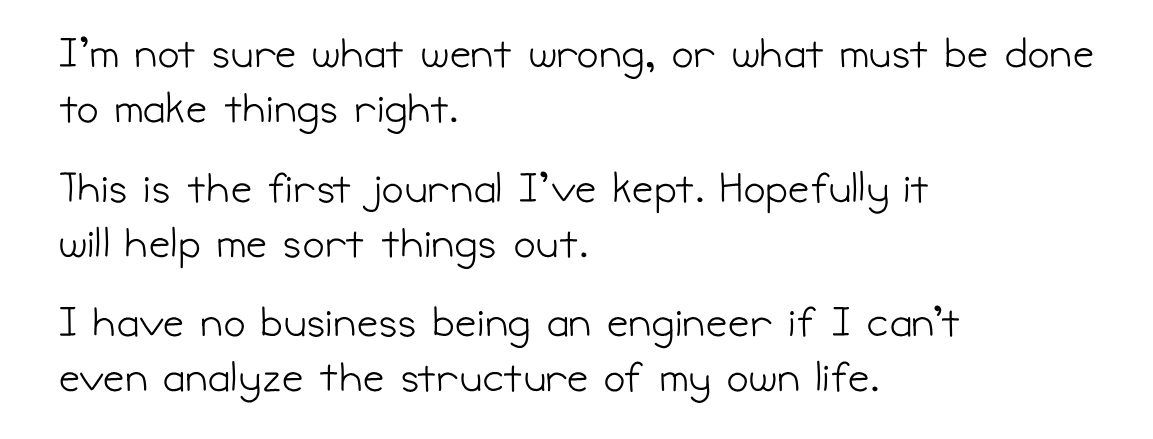 Three lines from the narrator’s workbook: uncertainty about what went wrong, using the journal to sort things out, and analyzing the structure of his own life